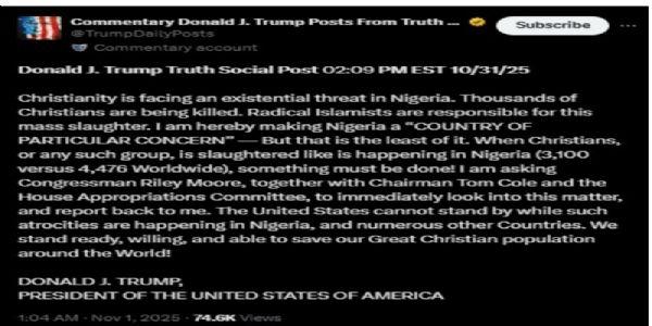 ನೈಜೀರಿಯಾದಲ್ಲಿ ಕ್ರಿಶ್ಚಿಯನ್ ಧರ್ಮ ಅಪಾಯದಲ್ಲಿ : ಟ್ರಂಪ್ ಆತಂಕ