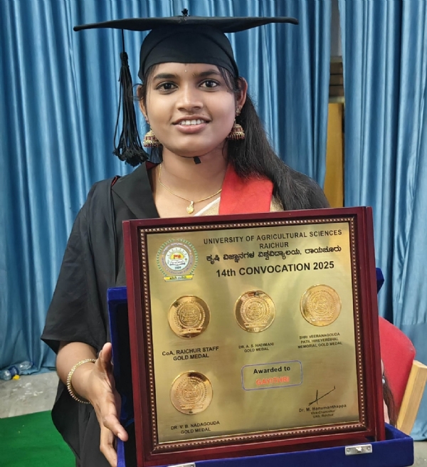 ರಾಯಚೂರು ವಿವಿ ಘಟಿಕೋತ್ಸವದಲ್ಲಿ ಸಾಧಕ ವಿದ್ಯಾರ್ಥಿಗೆ ಚಿನ್ನದ ಪದಕ