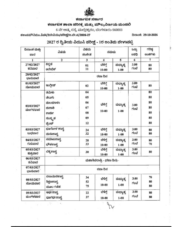 English Slug: Karnataka 2nd PUC Exam 1 Time Table 2027 Released, Exams From February 27