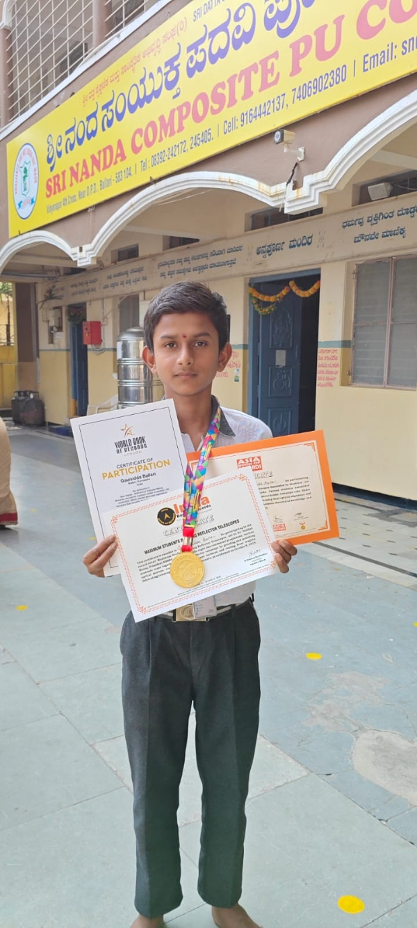ಟಿಲಿಸ್ಕೋಪ್ ತಯಾರಿಕೆಯಲ್ಲಿ ಸಾಧನೆ: ಬಳ್ಳಾರಿ ವಿದ್ಯಾರ್ಥಿ ಗವಿಸಿದ್ದಗೆ ವಿಶ್ವ ಮಟ್ಟದ ಪ್ರಶಸ್ತಿ