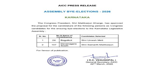 ದಾವಣಗೆರೆ–ಬಾಗಲಕೋಟೆ ಉಪಚುನಾವಣೆ: ಕಾಂಗ್ರೆಸ್ ಅಭ್ಯರ್ಥಿಗಳ ಘೋಷಣೆ