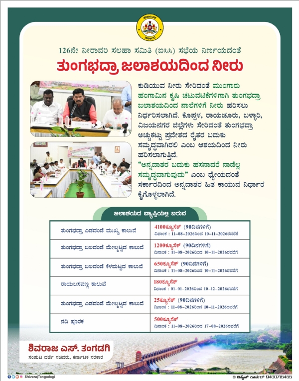 ತುಂಗಭದ್ರಾ : ಕಾಲುವೆಗಳಿಗೆ 90 ದಿನಗಳವರೆಗೆ ಮಾತ್ರ ನೀರು ಹರಿಸಲು ನಿರ್ಣಯ ತುಂಗಭದ್ರಾ : ಕಾಲುವೆಗಳಿಗೆ 90 ದಿನಗಳವರೆಗೆ ಮಾತ್ರ ನೀರು ಹರಿಸಲು ನಿರ್ಣಯ