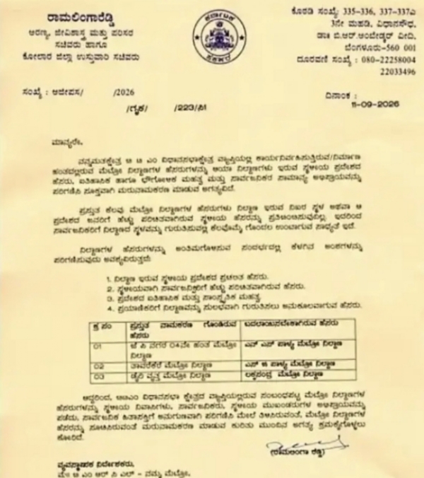 BTM-Layout-three-metro-stations-name-change-Ramalinga-Reddy-letter