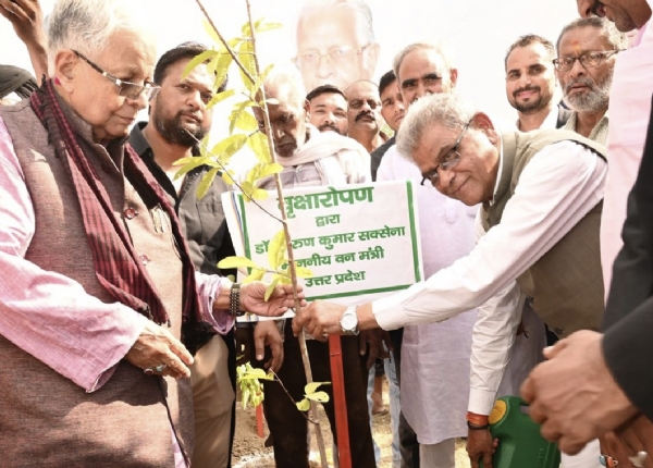 पौधारोपण अभियान के तहत पौधा रोपित करते मंत्री डॉ अरुण कुमार सक्सेना